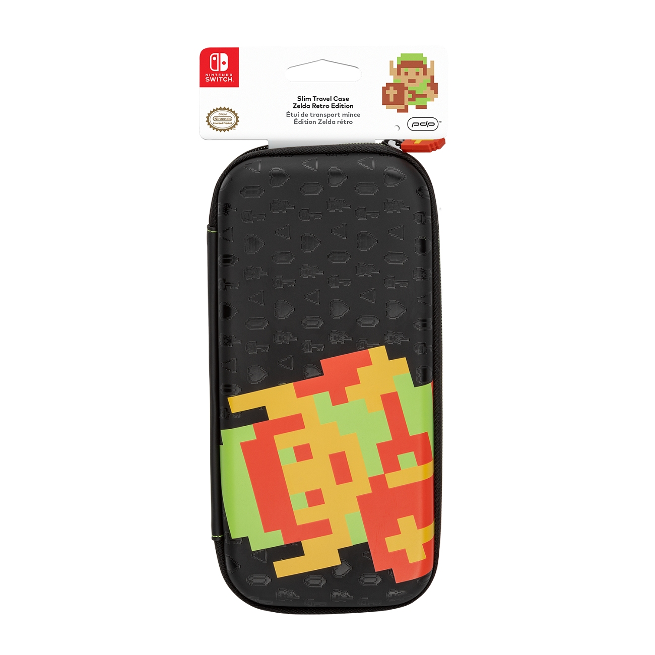 Czarna, smukła torba podróżna Nintendo Switch z pikselową grafiką Linka i ikonami retro.