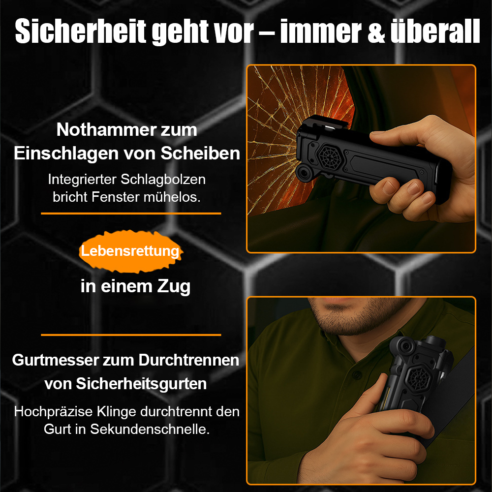 Sicherheitswerkzeuge: Nothammer bricht Glas, Gurtmesser schneidet Gurte.