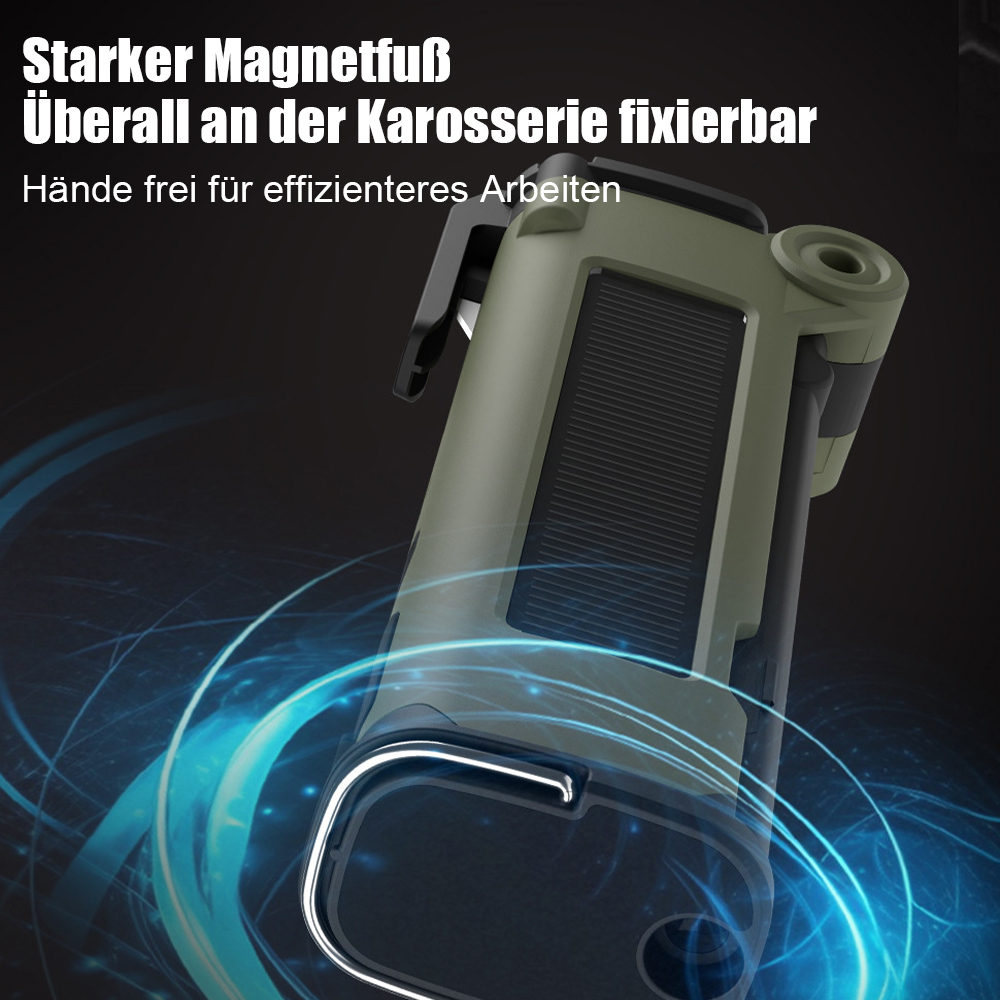 Grünes Werkzeug mit Magnetfuß und schwarzer gerippter Oberfläche, vor dunklem Hintergrund.