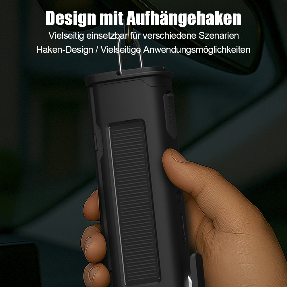 Eine Hand hält ein schwarzes Gerät mit einem Haken zum Aufhängen.