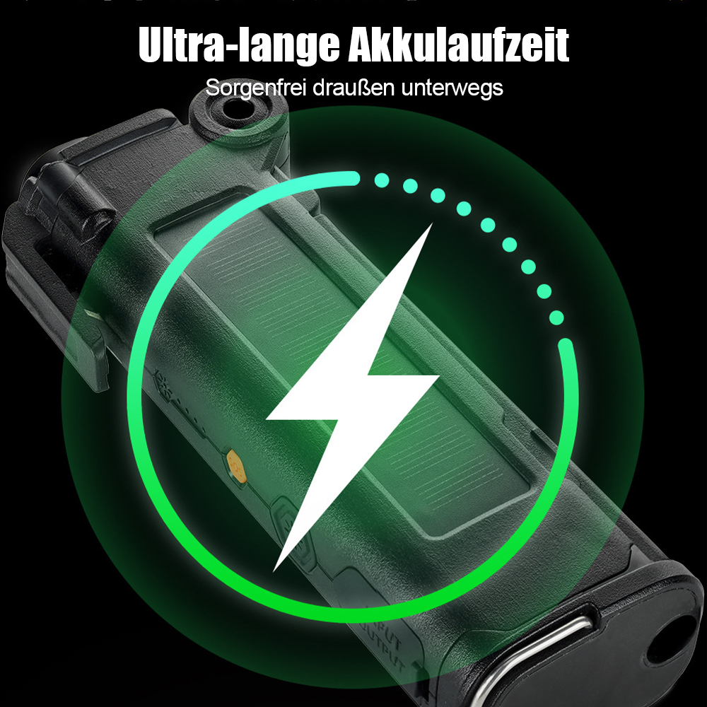 Grünes Gerät mit Blitzsymbol und Ladeanzeige. Lange Akkulaufzeit.