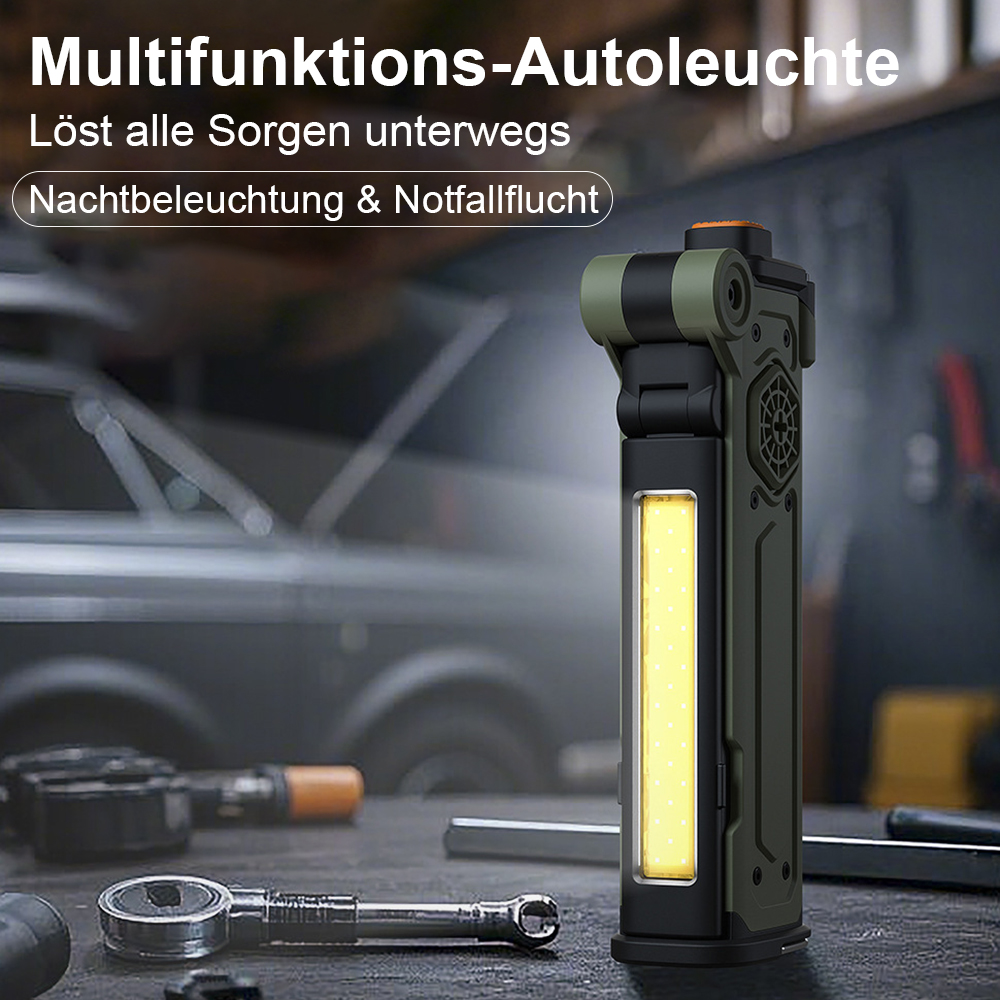 Multifunktions-Autoleuchte mit Werkzeugen und Auto im Hintergrund.