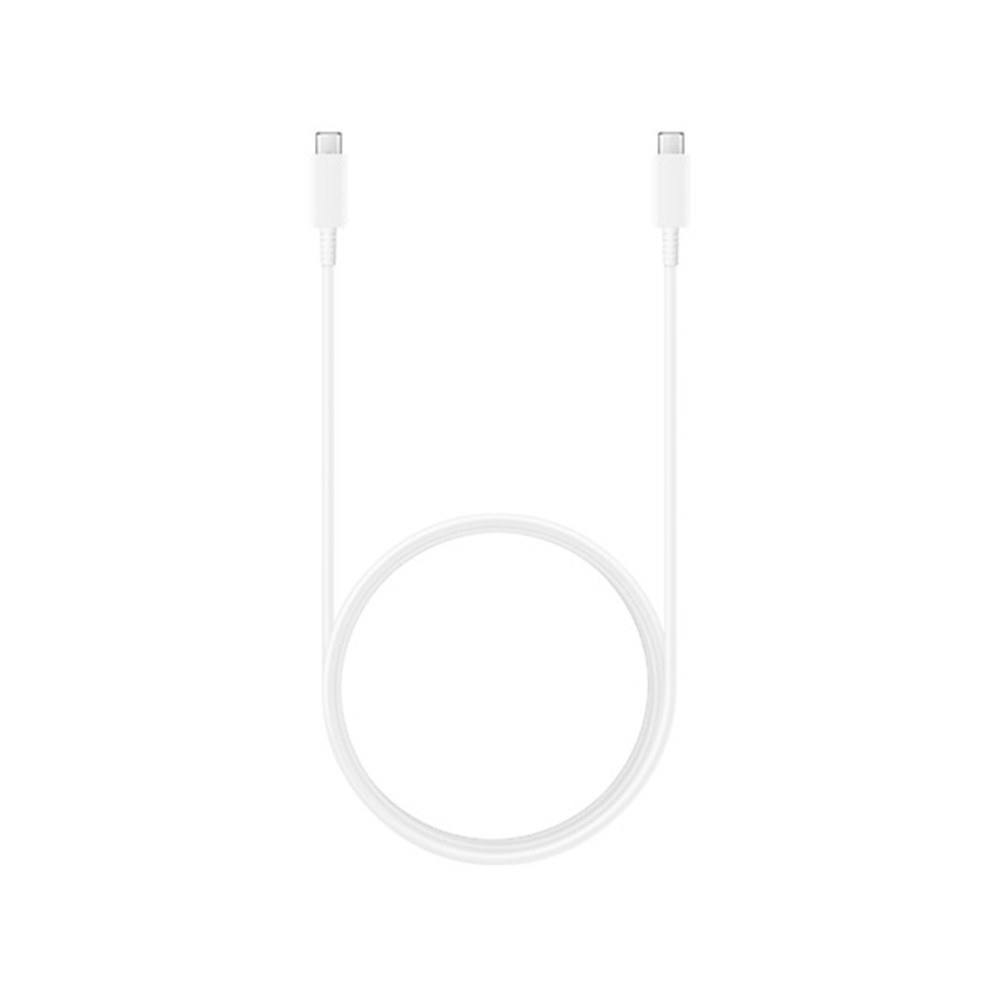Ein weißes USB-C-Kabel, das in der Mitte zu einem Kreis gebogen ist.