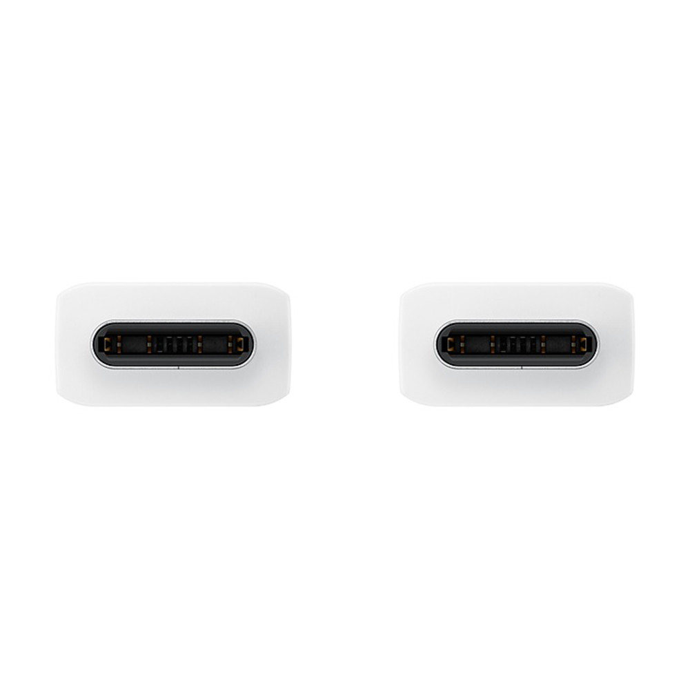 Zwei weiße USB-C-Anschlüsse nebeneinander auf weißem Hintergrund.