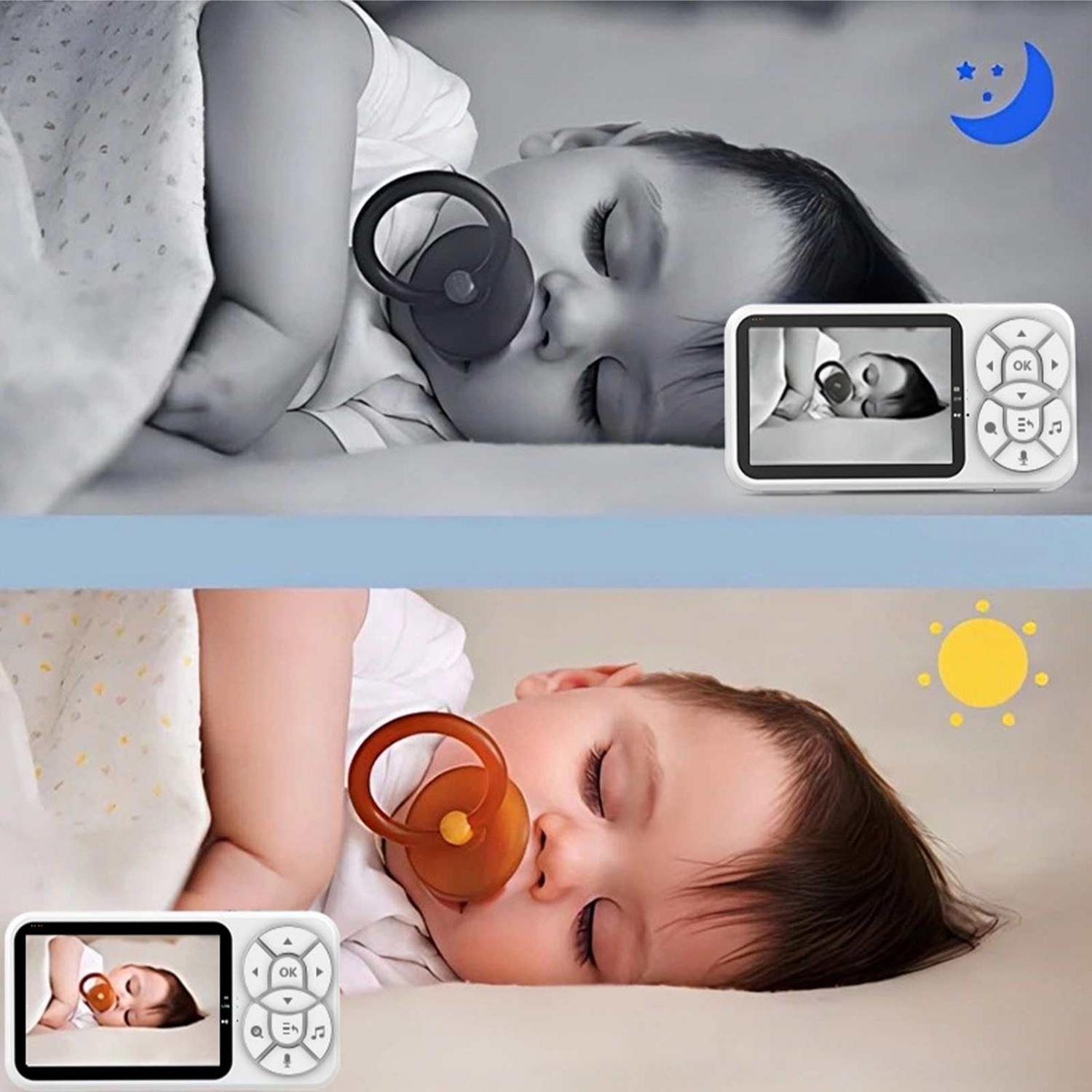 Ein Baby schläft mit Schnuller, Babyphone zeigt Nahaufnahme. Tag und Nachtansicht.