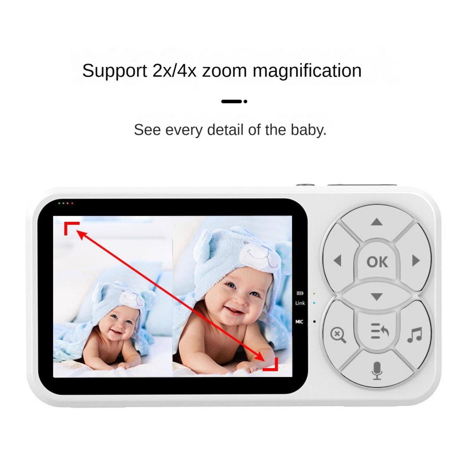 Weißes Babyphone mit Bildschirm, das ein Baby in blauer Bärenmütze zeigt. Zoomfunktion hervorgehoben.