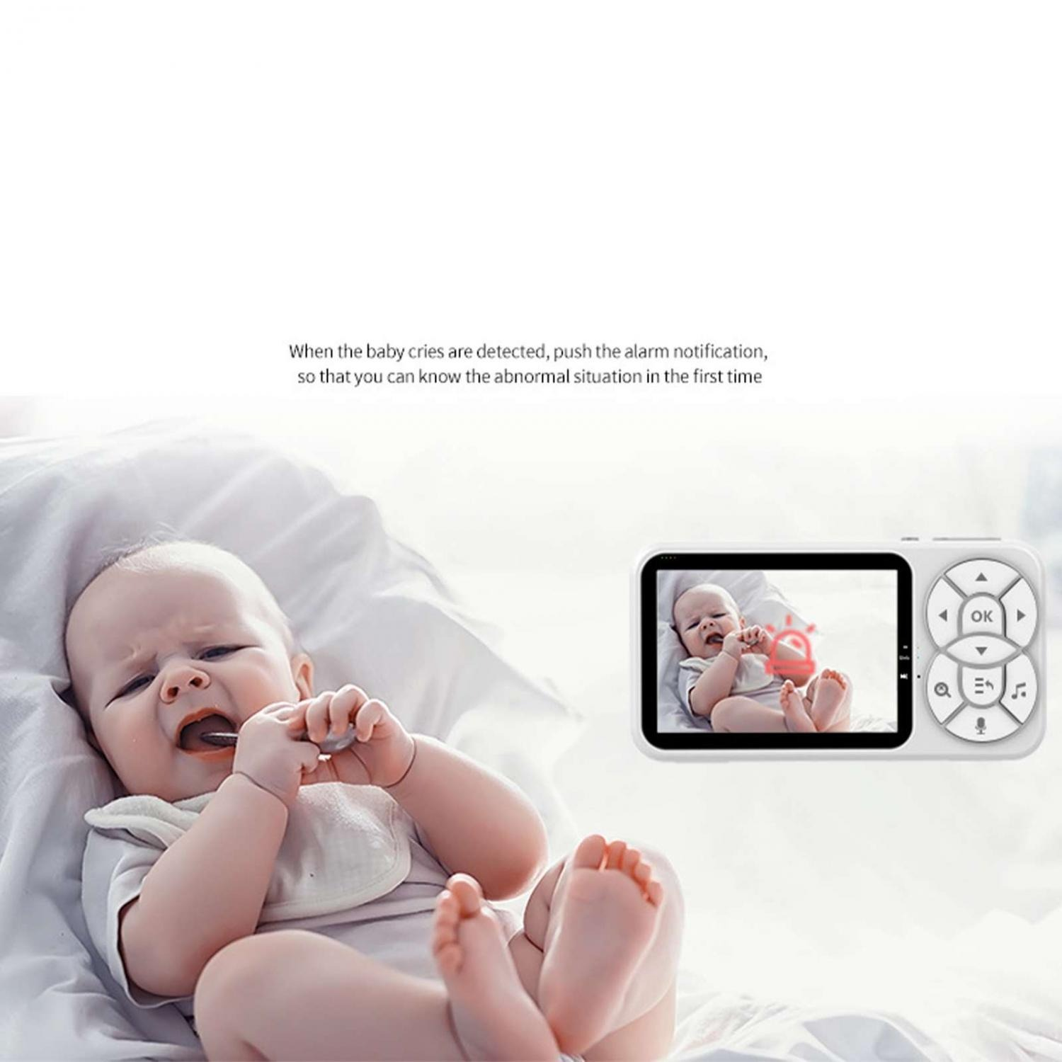 Ein Baby weint in Nahaufnahme, das Babyphone zeigt es an.