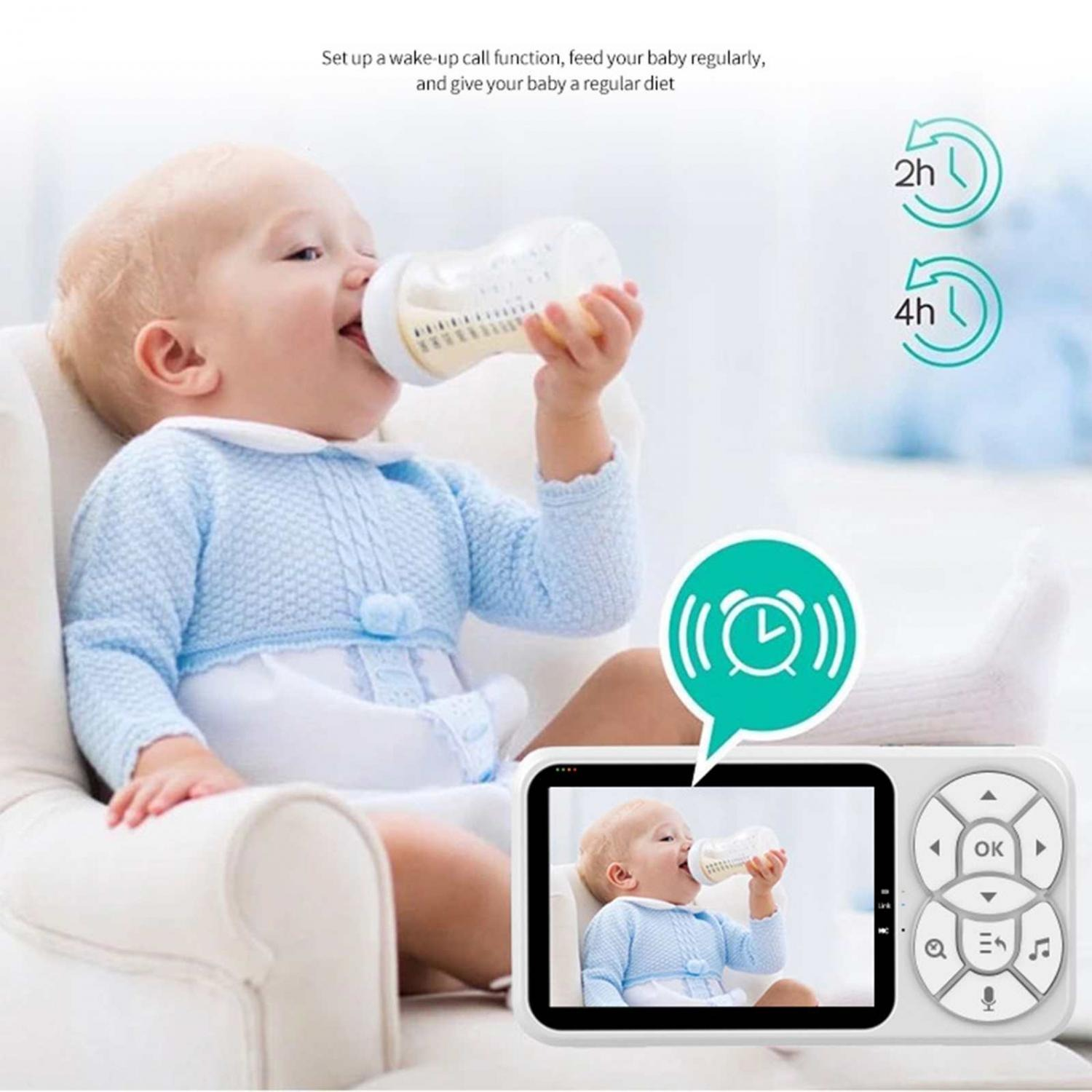 Baby trinkt aus Flasche, Babyphone zeigt Video und Wecker an.