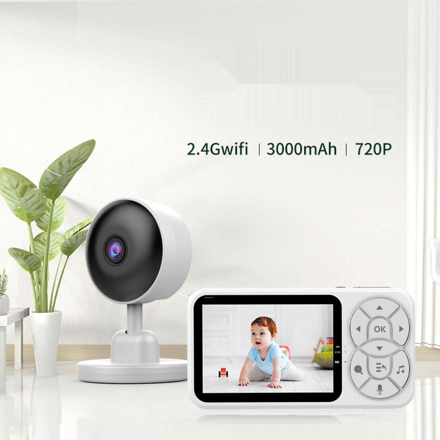 Ein weißer Babyfon mit Kamera und Bildschirm, der ein krabbelndes Baby zeigt. Spezifikationen: 2,4G WLAN, 3000mAh, 720P.