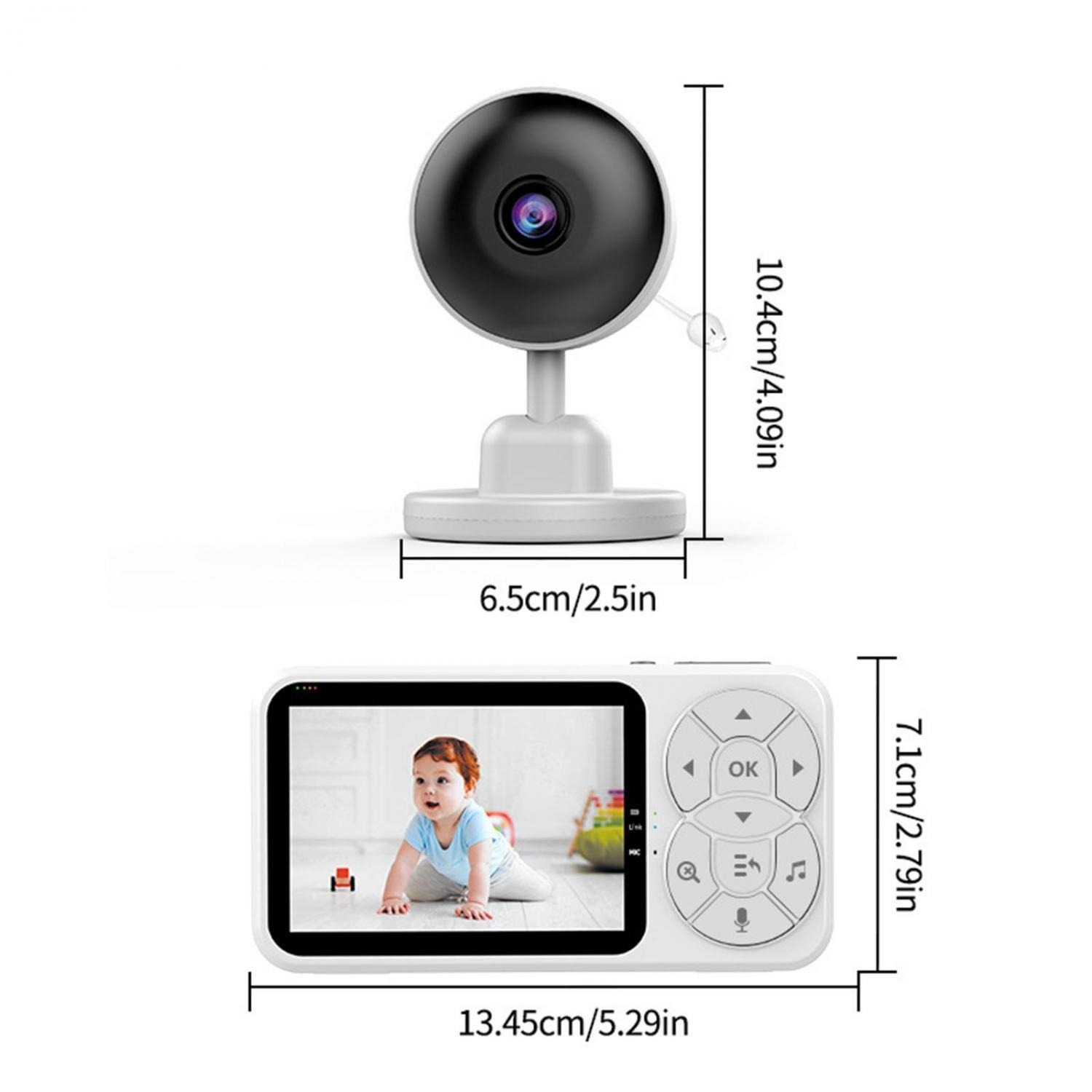 Ein Babyphone mit Kamera und Monitor, Maße sind angegeben.