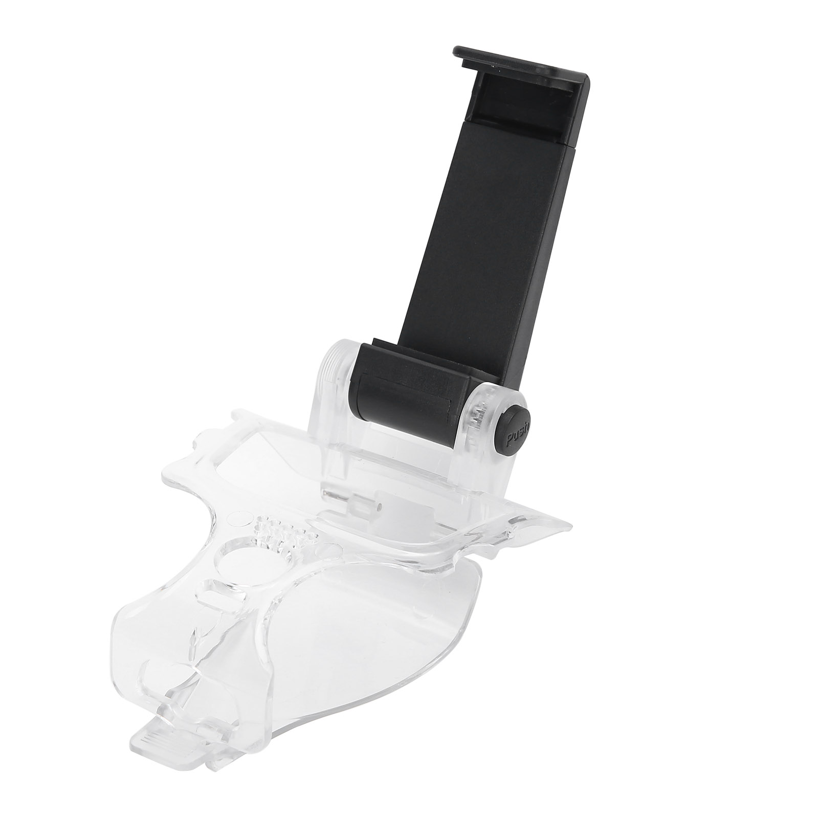 Transparenter Handyhalter mit schwarzem Klemmarm auf weißem Hintergrund.