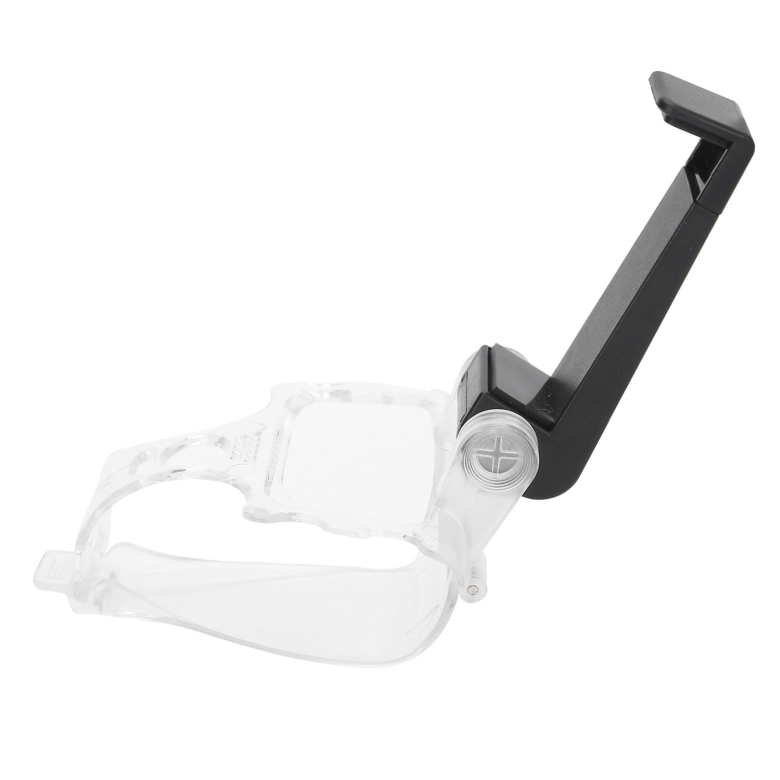 Ein transparenter Brillenhalter mit einem schwarzen Arm und einem Clip.