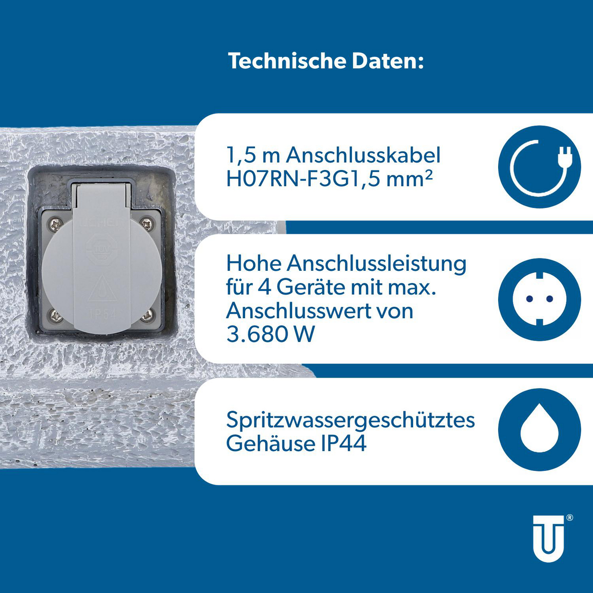 Technische Daten: 1,5m Kabel, 3.680W Leistung, spritzwassergeschützt IP44.