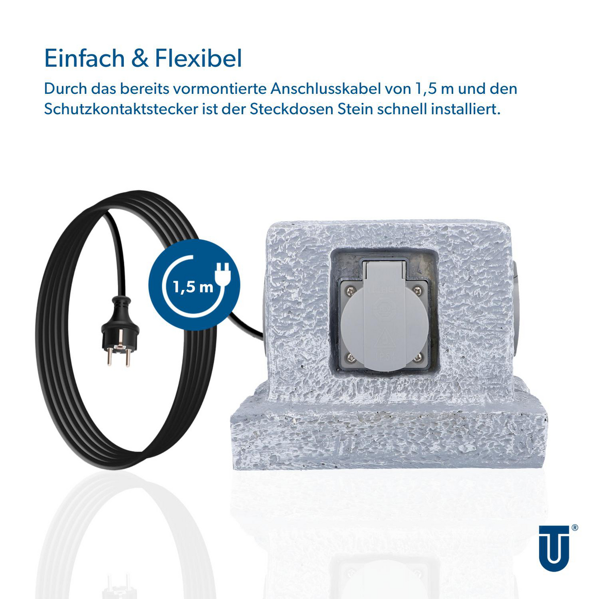 Ein grauer Steckerstein mit 1,5m Kabel und einer Steckdose.