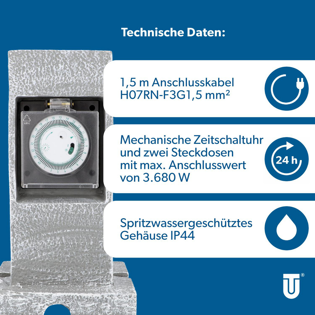 Technische Daten: 1,5m Kabel, mechanische Zeitschaltuhr, 2 Steckdosen, IP44.