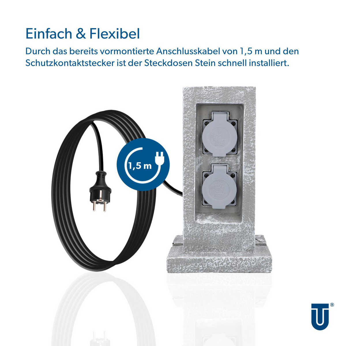 Grauer Steinsockel mit zwei Steckdosen und einem schwarzen 1,5m Kabel mit Stecker.