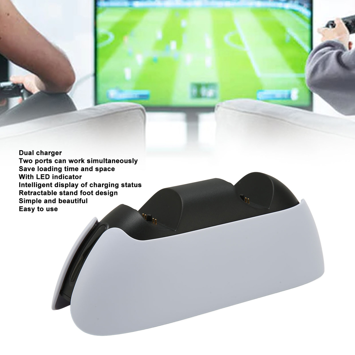 Weiße Ladestation für zwei Controller mit Ladeanzeige, vor einem Spiel auf dem Bildschirm.
