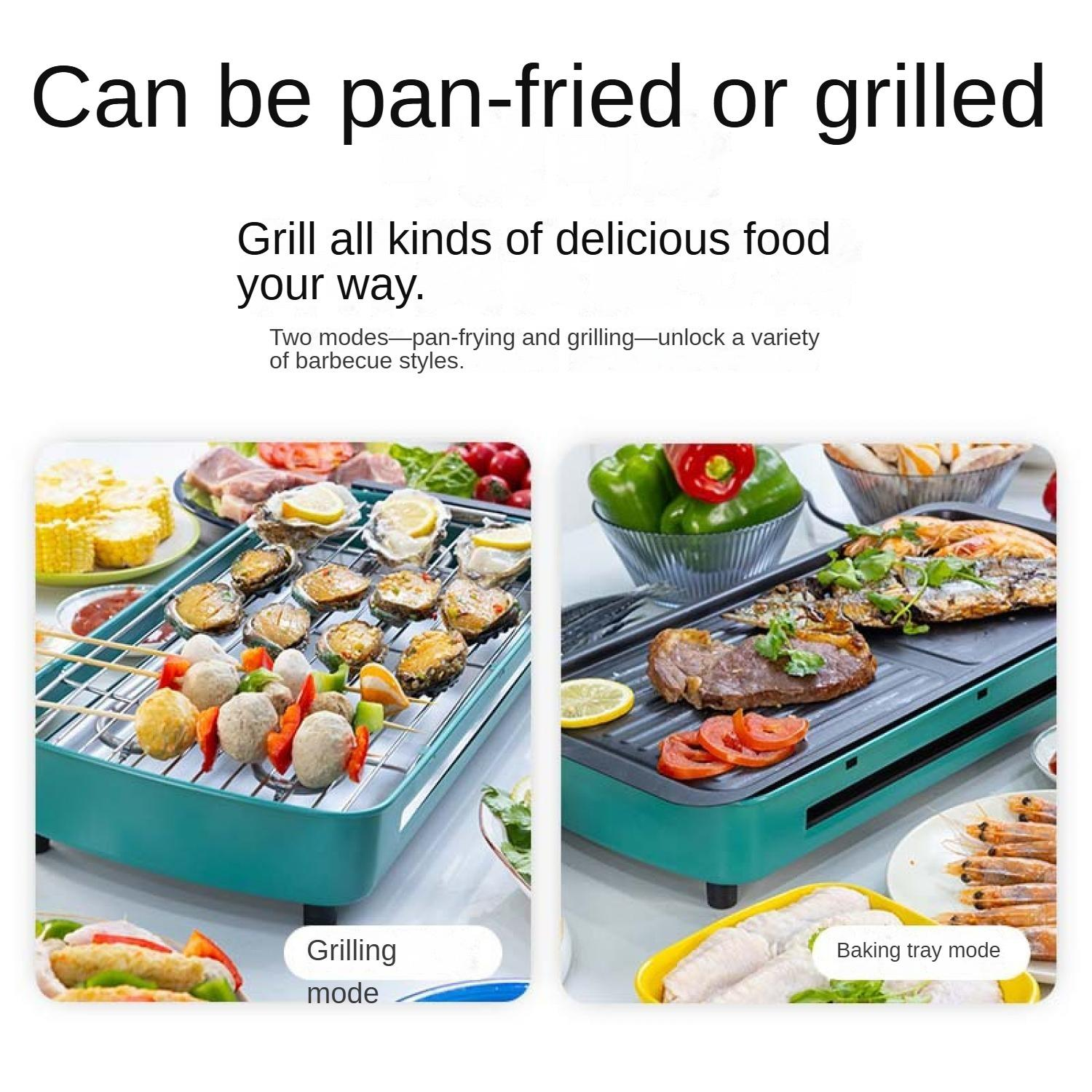 Zwei Grillmodi: Grillen mit Spießen und Backblechmodus mit Fleisch und Garnelen.