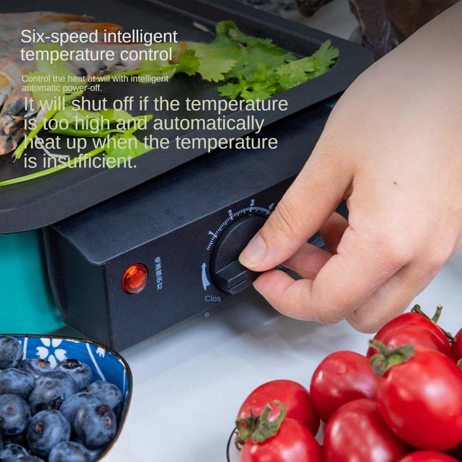 Eine Hand dreht einen Regler an einem schwarzen Gerät mit einem roten Licht. Blaubeeren und Tomaten sind sichtbar.