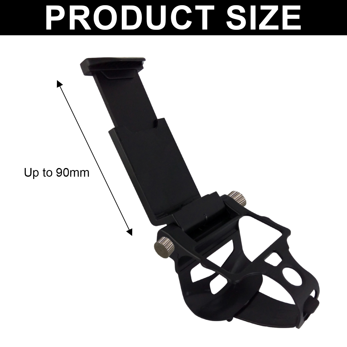 Schwarz verstellbarer Halter, bis zu 90 mm breit.