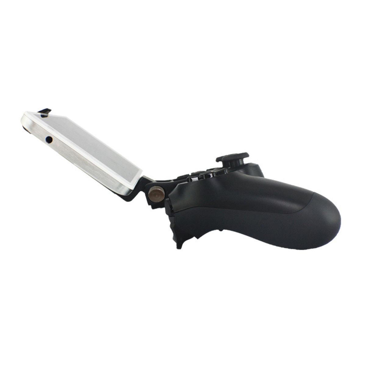 Schwarzer Controller mit angebrachtem silbernem Smartphone-Halter.