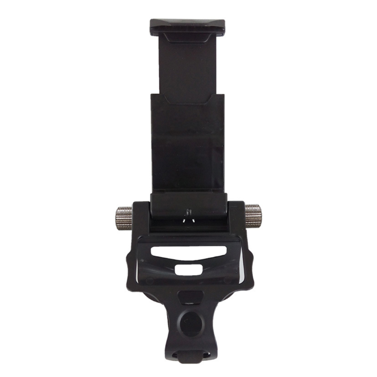 Ein schwarzer Handyhalter mit verstellbarem Klemmmechanismus.