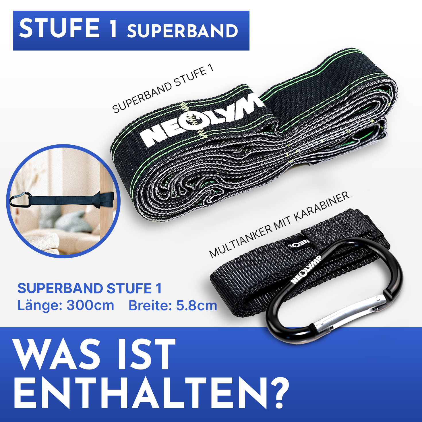 Schwarzes Fitnessband mit grünen Streifen, Karabiner und Text.