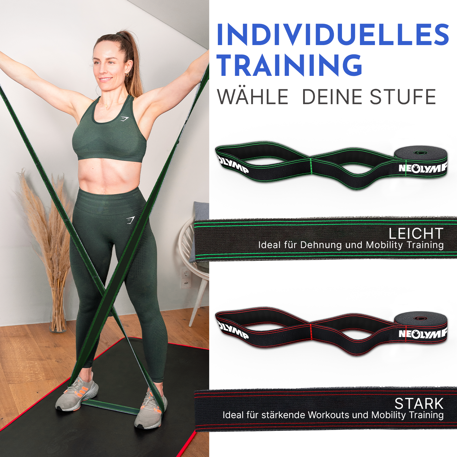 Frau trainiert mit Band. Links: Band grün, rechts: Bänder grün und rot.