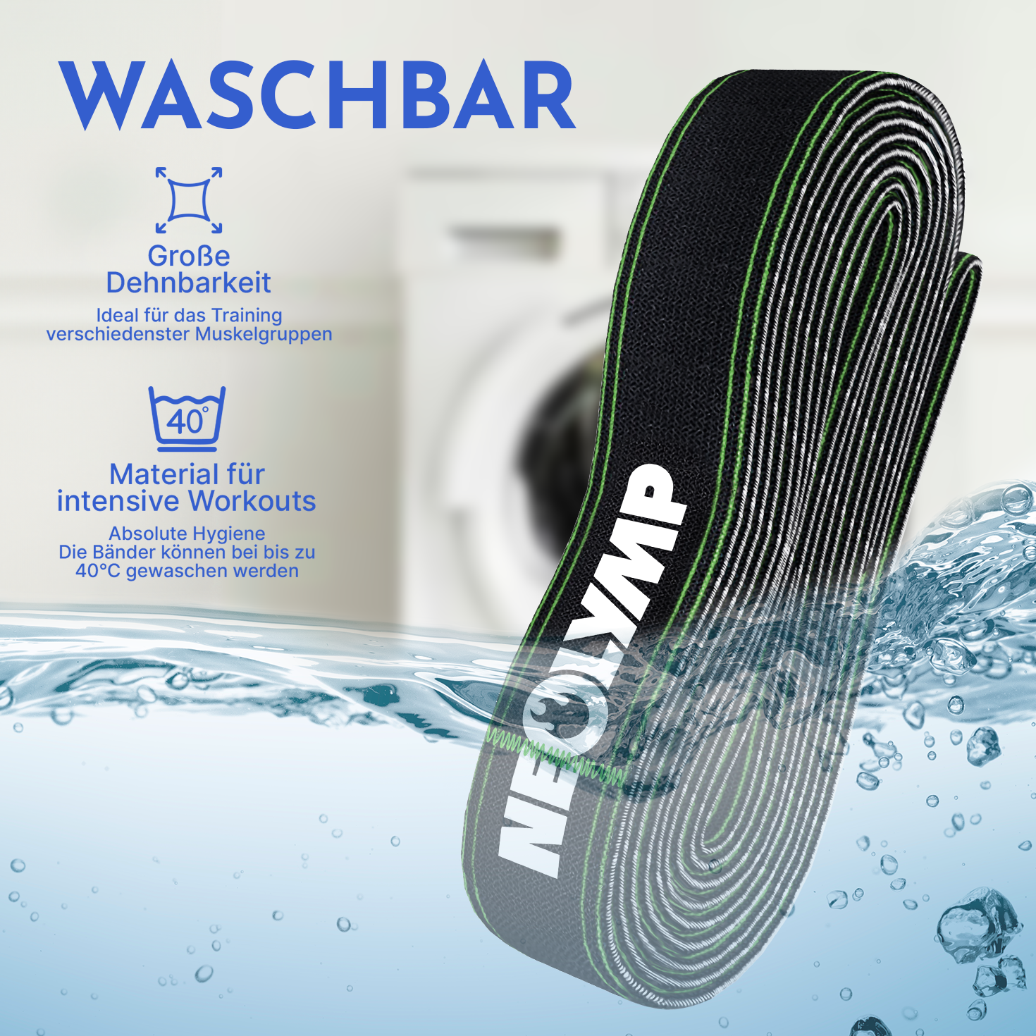 Schwarzes Trainingsband mit Neolymp-Logo taucht in Wasser. Waschbar bei 40°C.