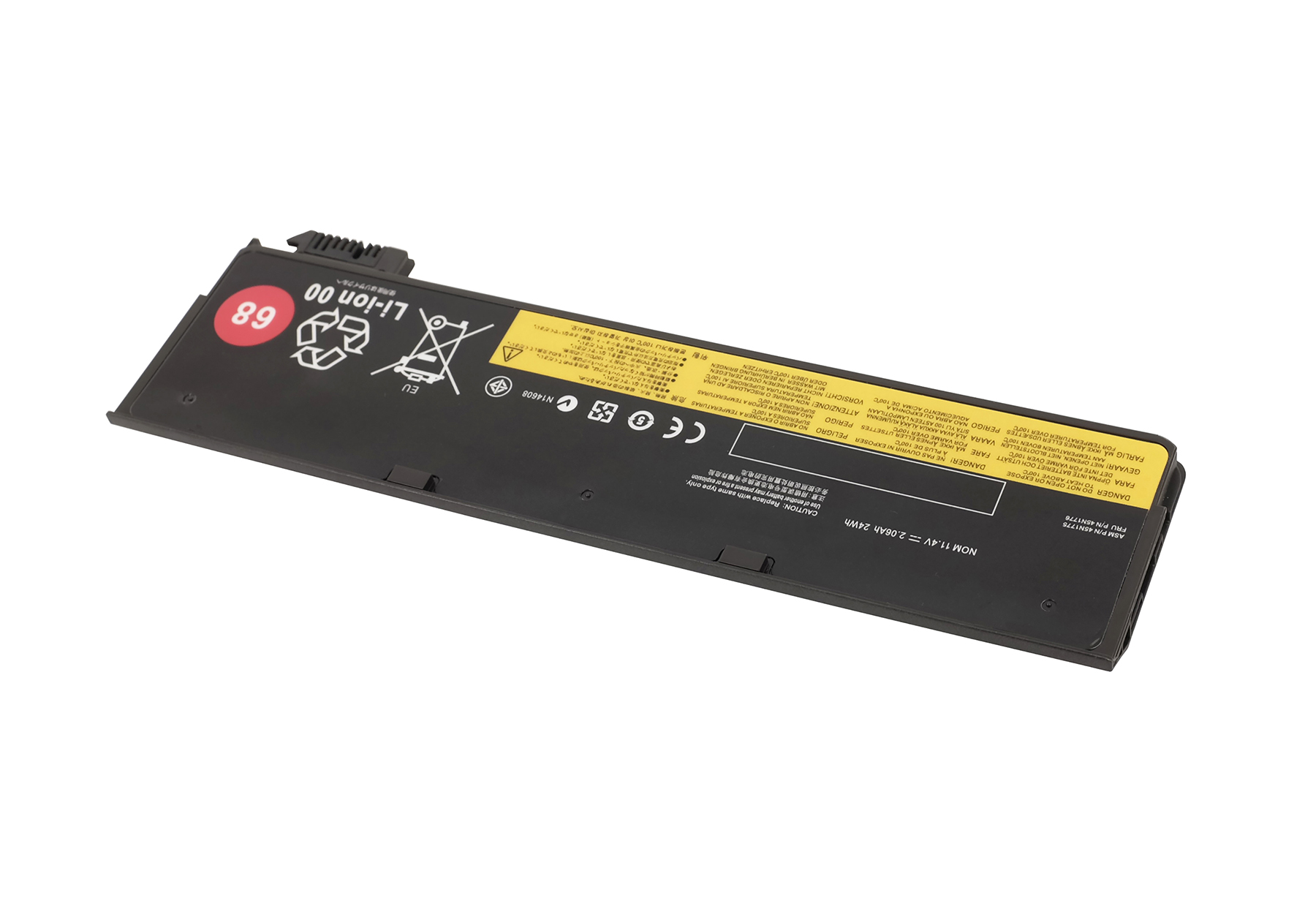 Schwarzer Laptop-Akku mit roten und weißen Symbolen. 11,4V.