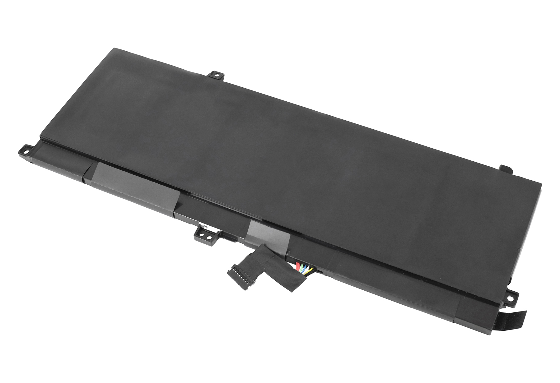 Schwarzer Laptop-Akku mit Kabeln und Anschlüssen, auf weißem Hintergrund.