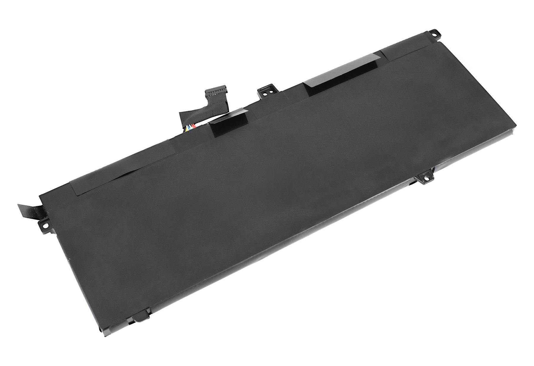 Schwarzer Laptop-Akku mit Kabel und Anschluss auf weißem Hintergrund.