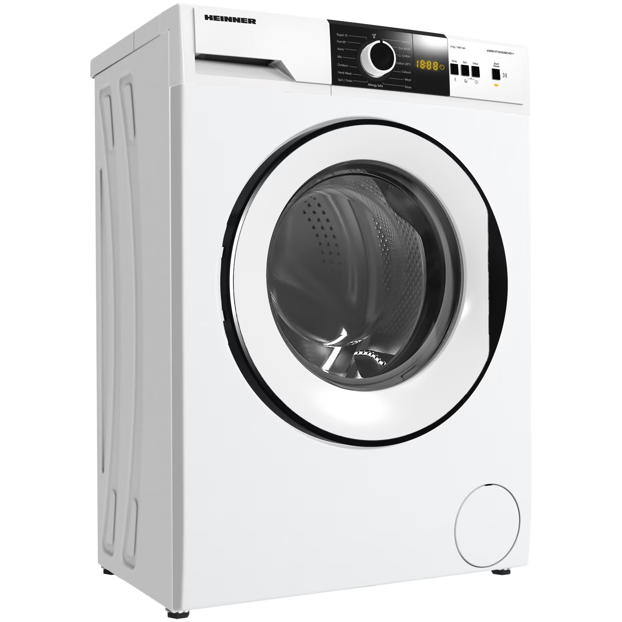 Une machine à laver blanche à chargement frontal avec écran numérique et porte ronde.