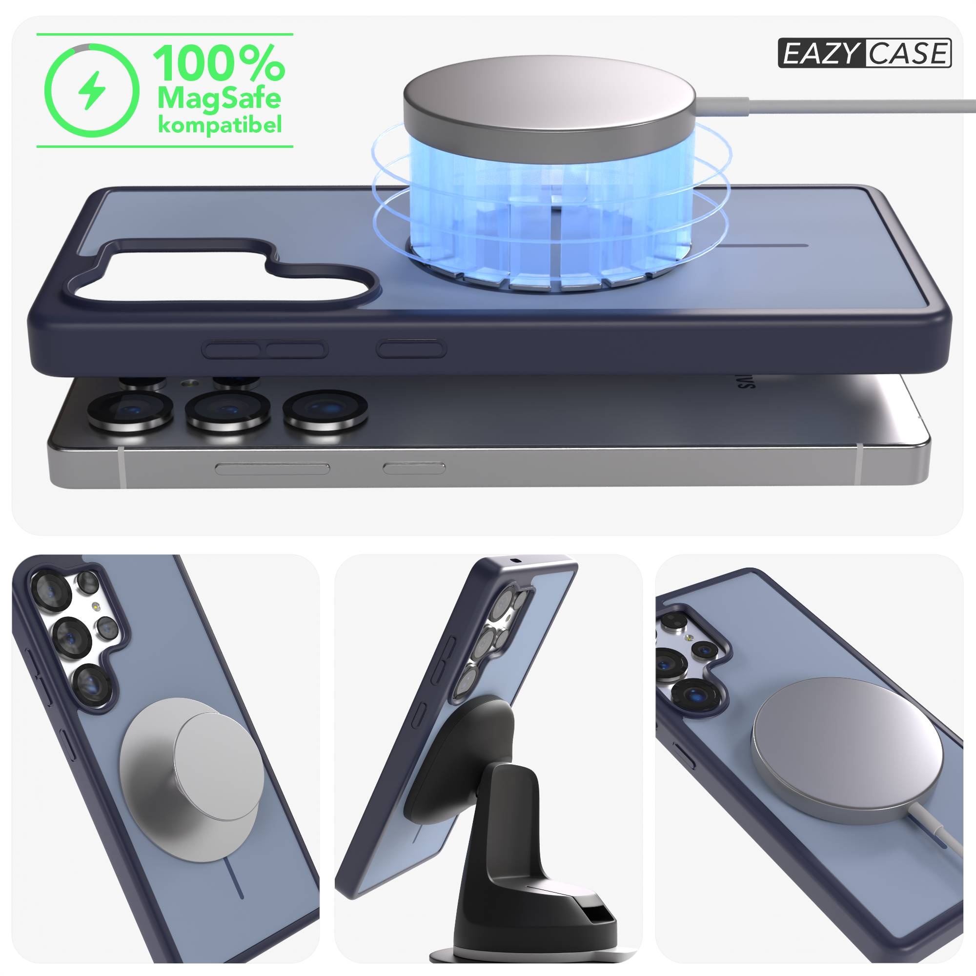 Ein Smartphone mit MagSafe-Ladegerät und Hülle, zeigt Ladefunktion.