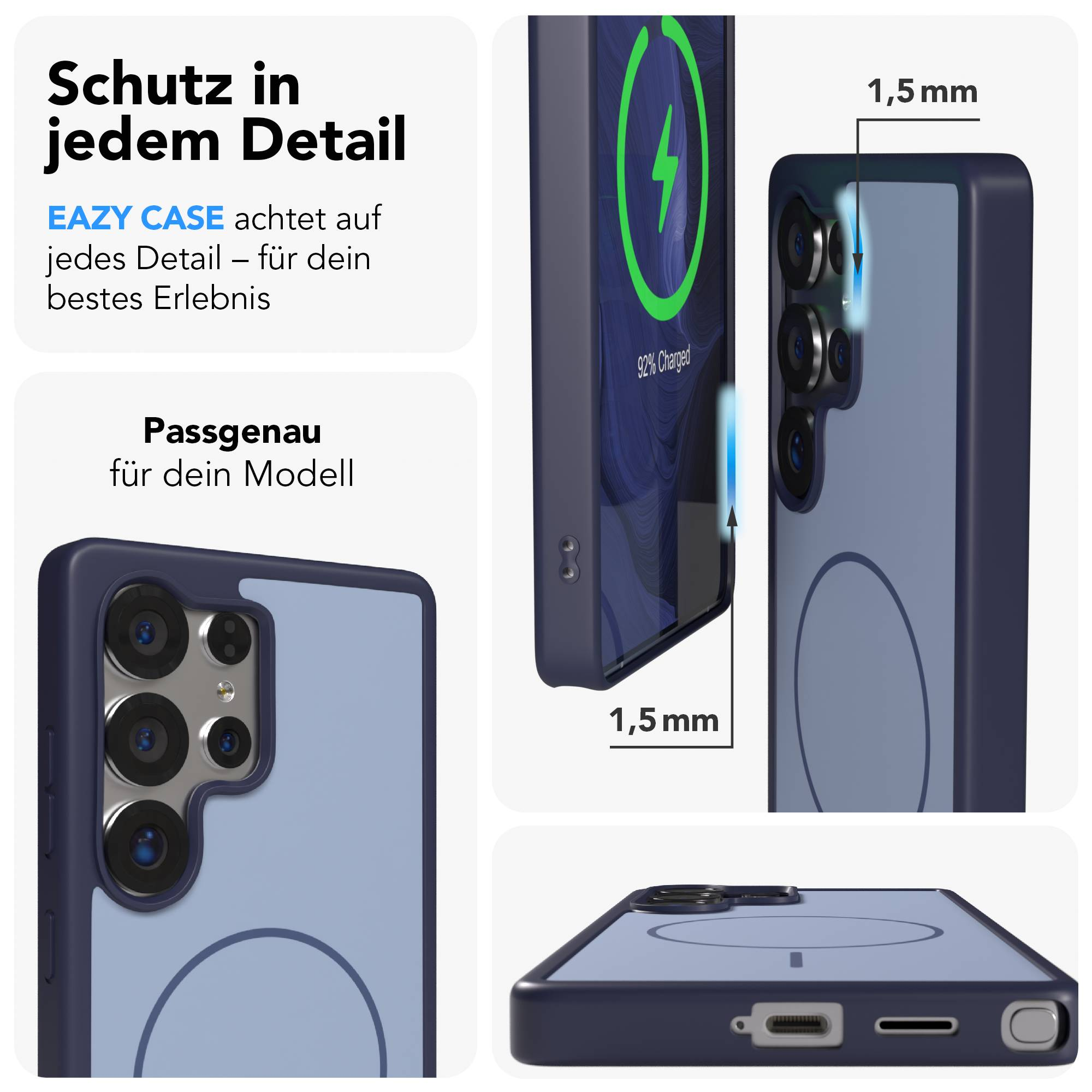 Dunkelblaue Handyhülle zeigt Kamera und Ladeanschluss. 1,5mm Schutz.