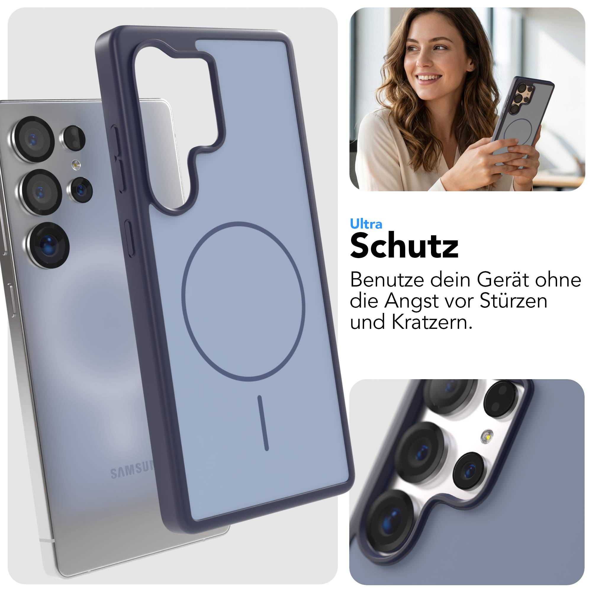 Ein Smartphone mit blauer Hülle und Kamera-Detailansichten.