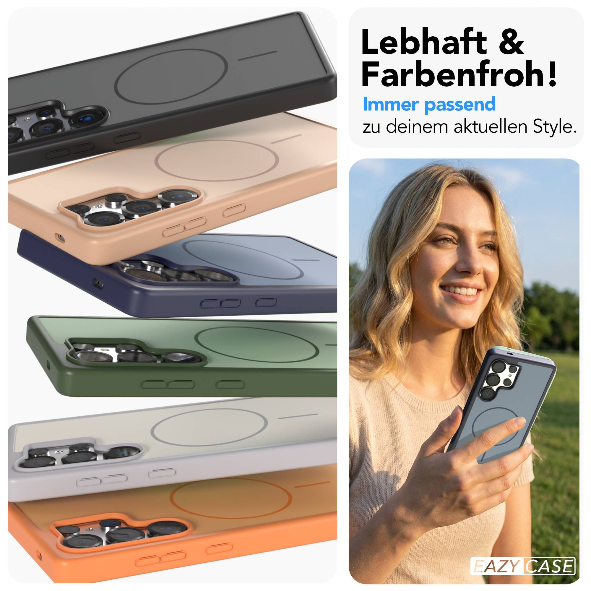 Verschiedene Handyhüllen in Farben wie Schwarz, Rosa, Blau, Grün, Grau, Orange.