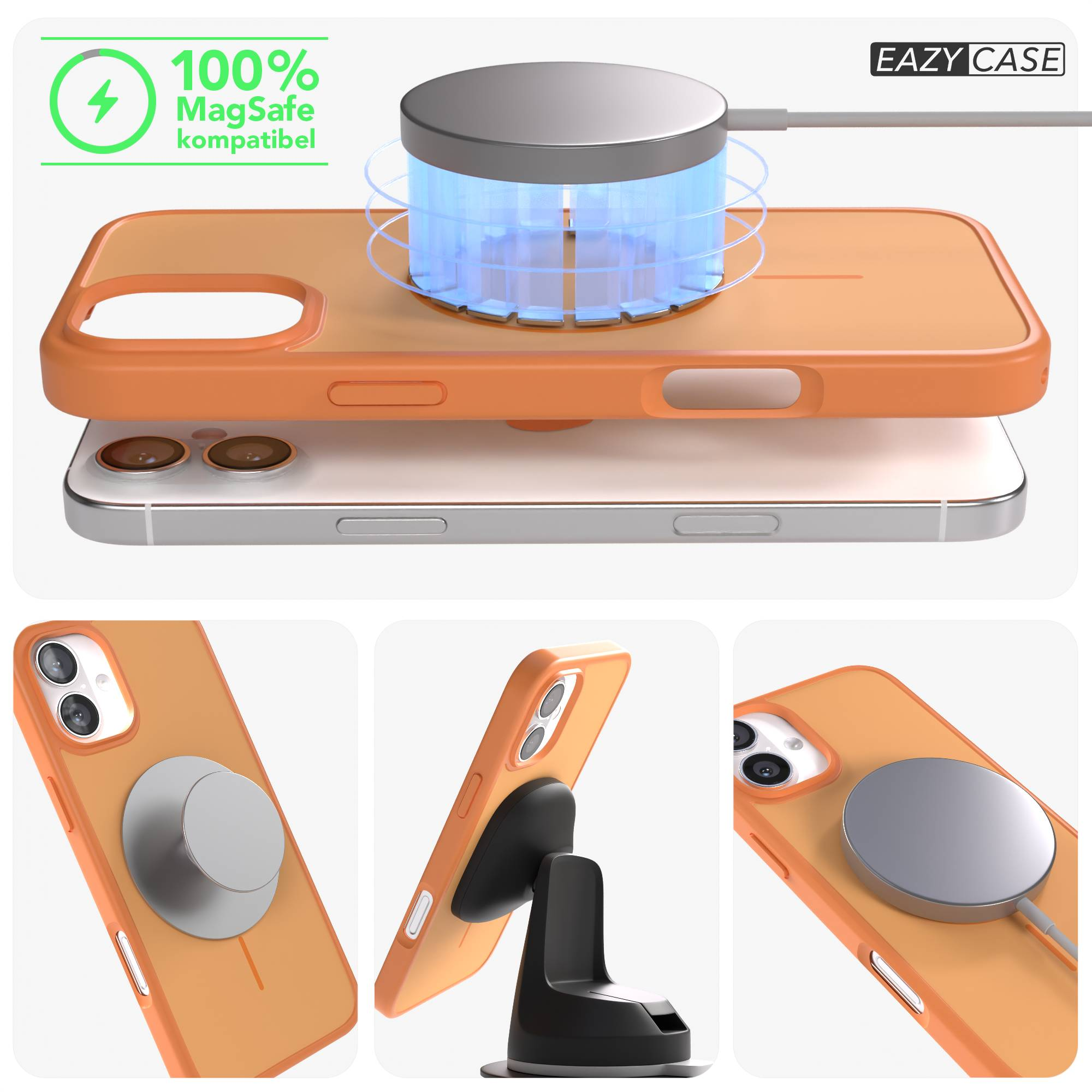 Orange iPhone Hülle mit MagSafe Ladegerät und Halterung.