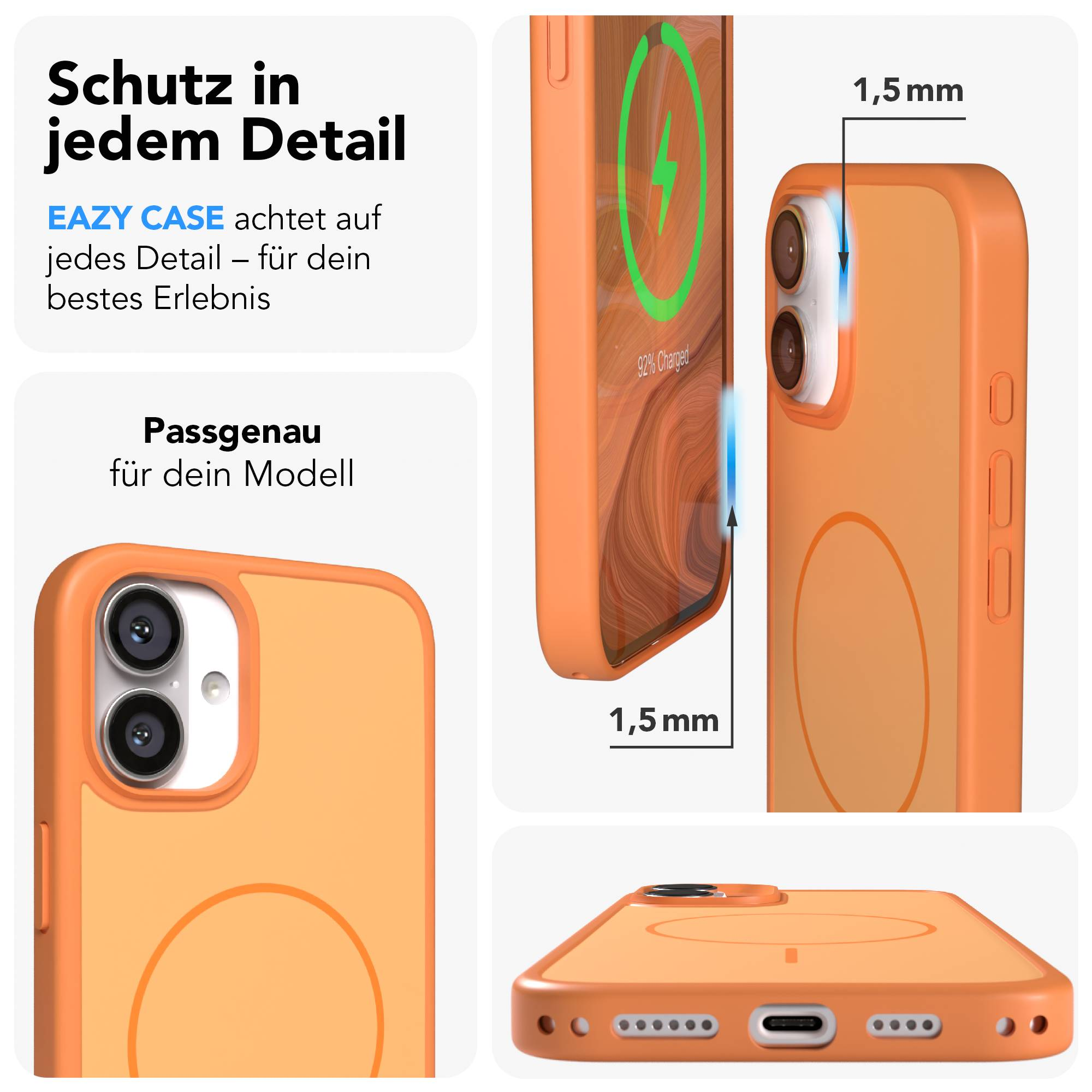 Orange Handyhülle mit präzisen Ausschnitten und Ladeanzeige.