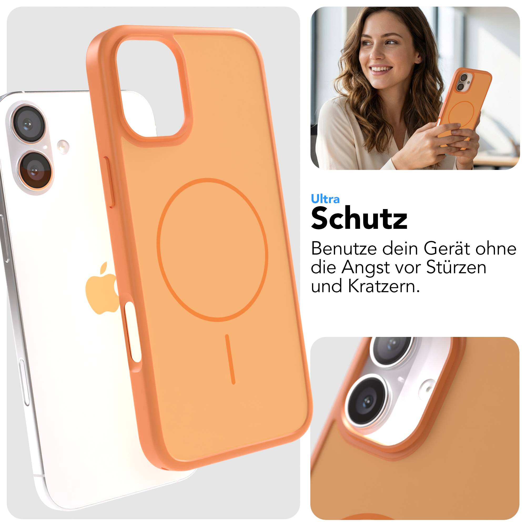 Orange Handyhülle mit Magnetring auf einem weißen iPhone. Nahaufnahme.