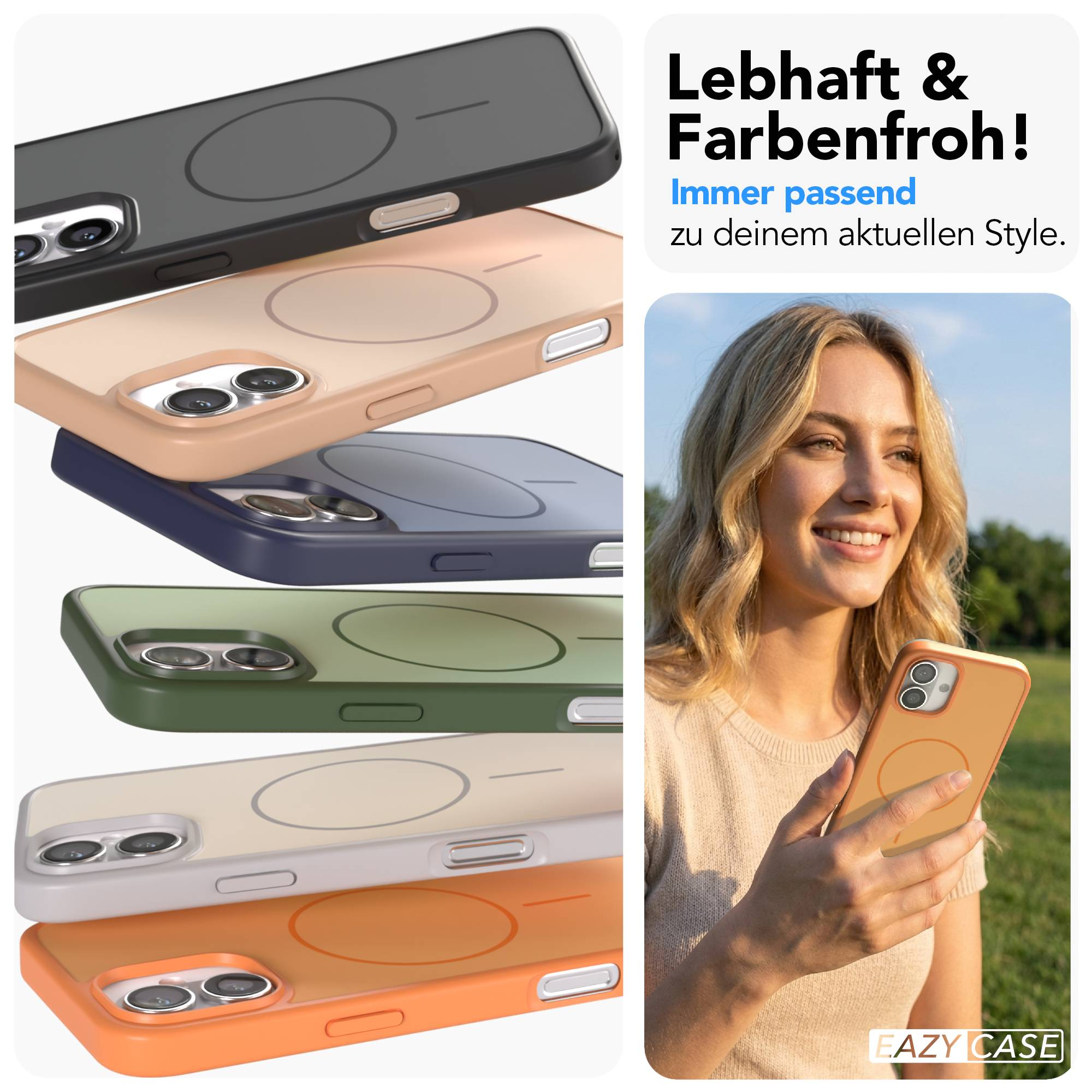 Mehrere Handyhüllen in verschiedenen Farben, eine Frau hält eine orangefarbene Hülle.