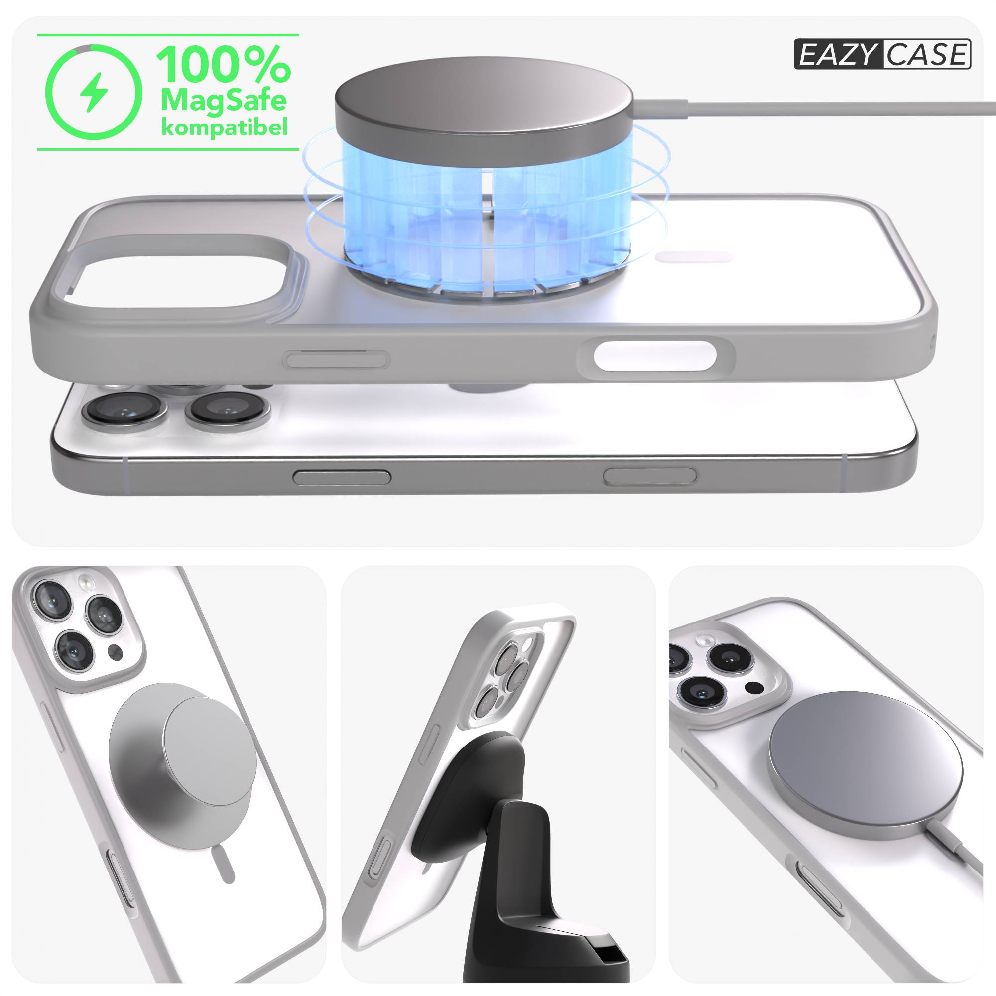 Ein iPhone mit MagSafe-Ladegerät und Eazy Case wird gezeigt.