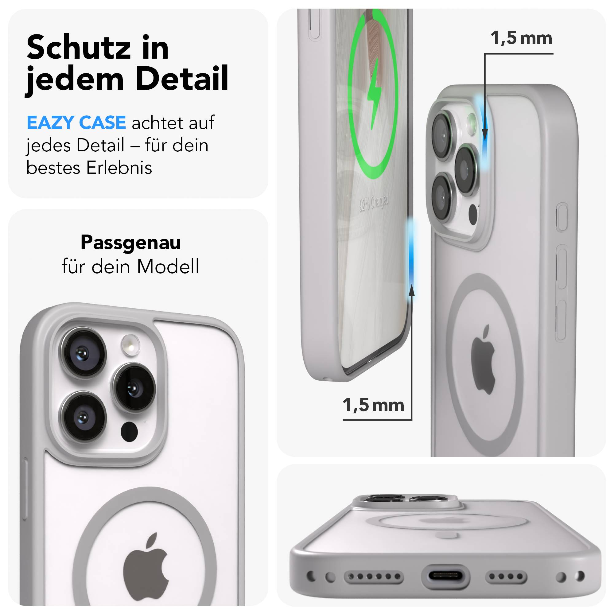 Graue Handyhülle mit Apple-Logo und Kameradetails. 1,5mm Dicke.