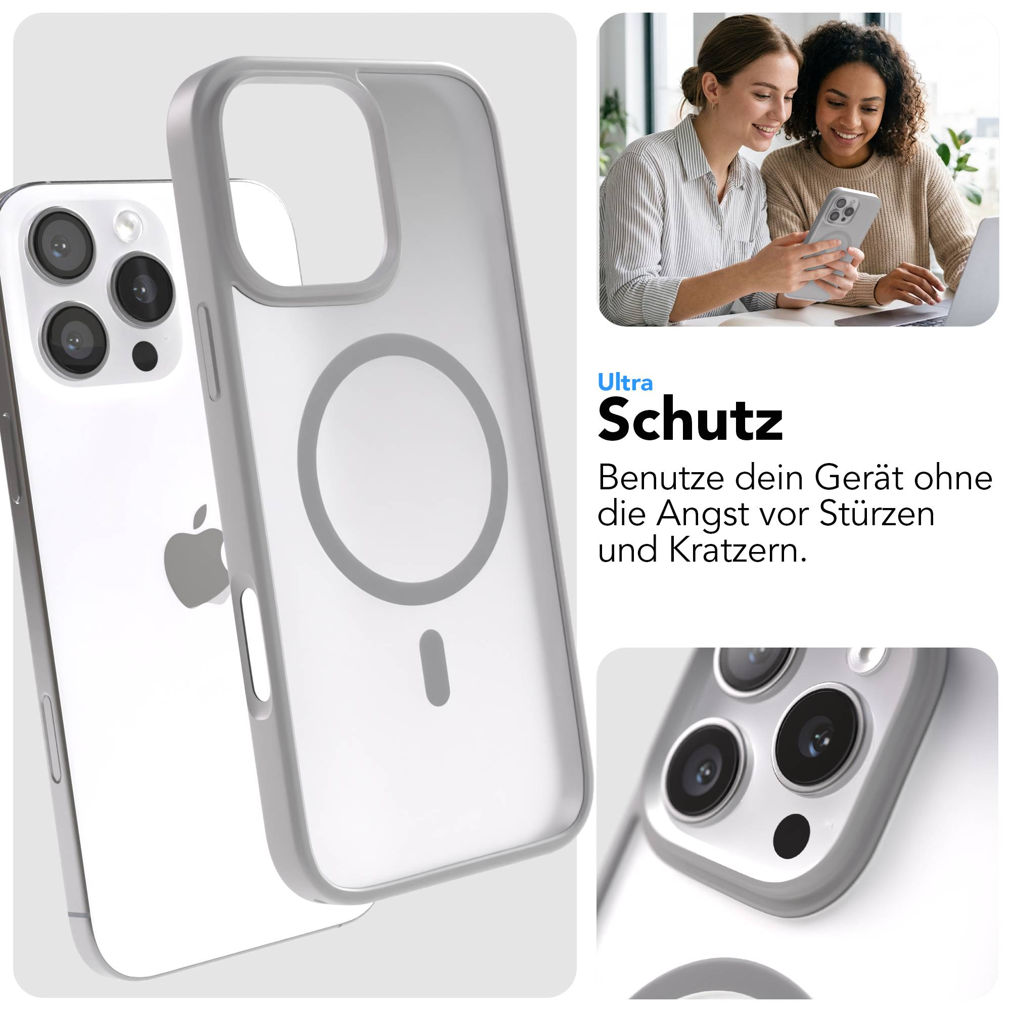 Graues Handycase mit MagSafe-Kreis und iPhone-Kamera auf weißem Hintergrund.