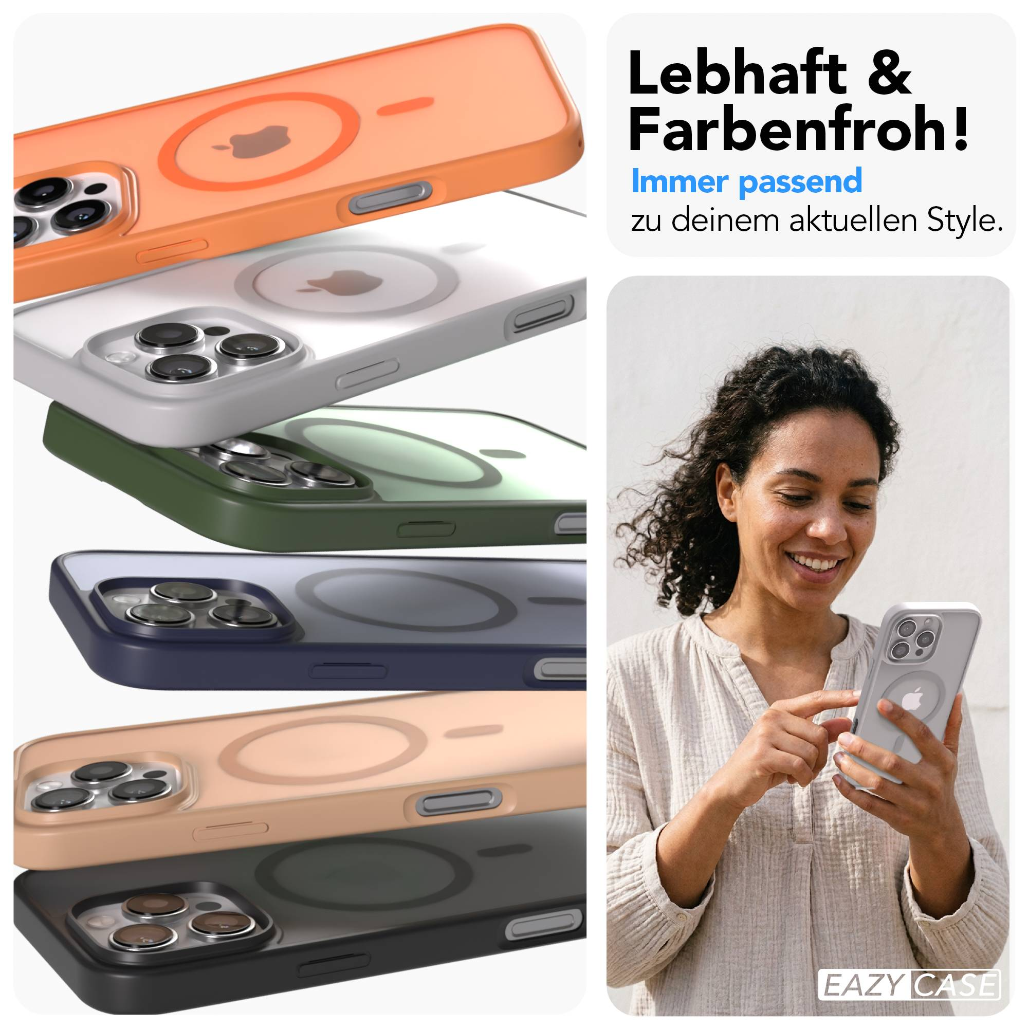Mehrere iPhone-Hüllen in verschiedenen Farben gestapelt, eine Frau hält ein Handy.