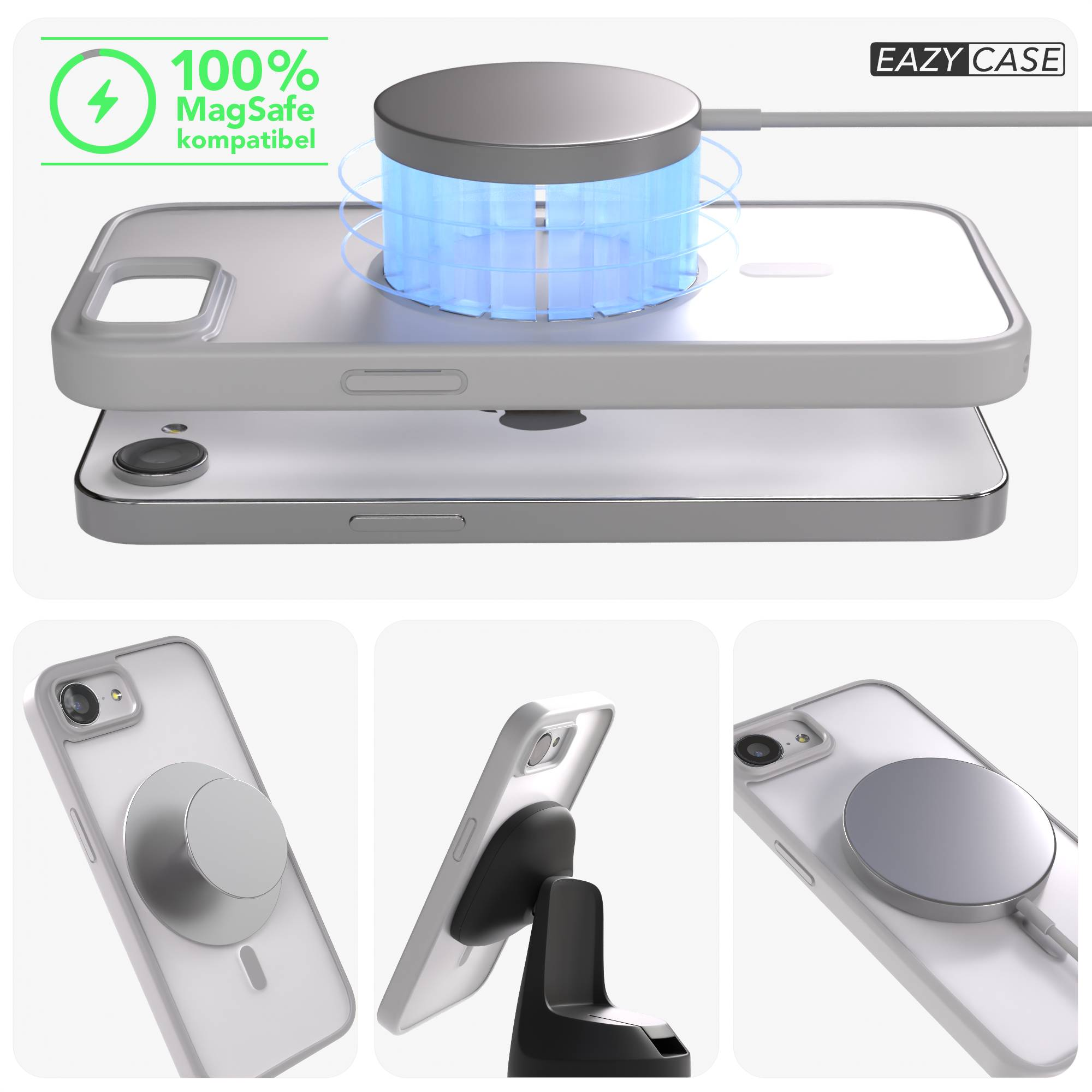 MagSafe-Ladegerät mit blauem Licht auf weißem iPhone-Gehäuse.