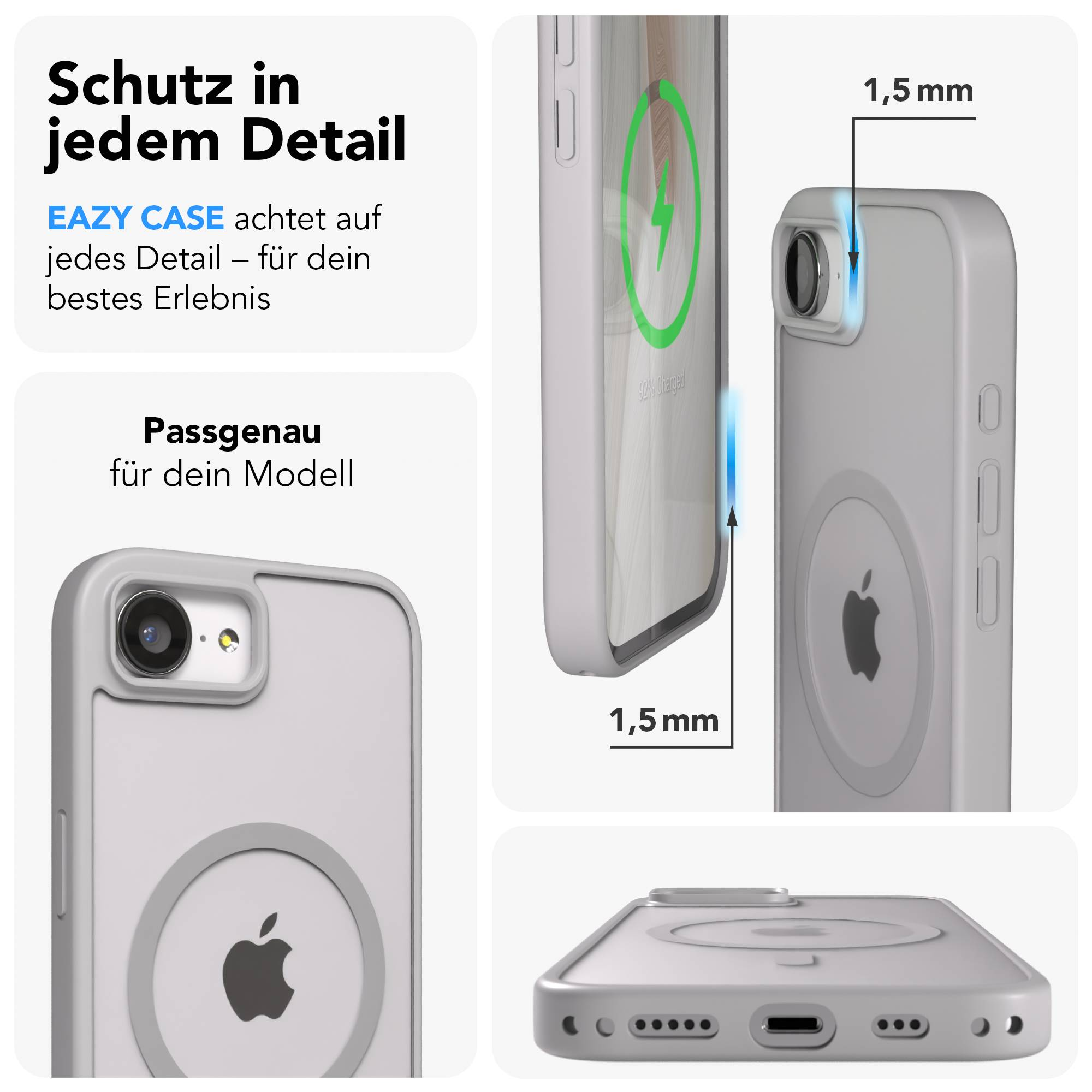 Graue Handyhülle mit Apple-Logo und Ladeanzeige. 1,5 mm Dicke.