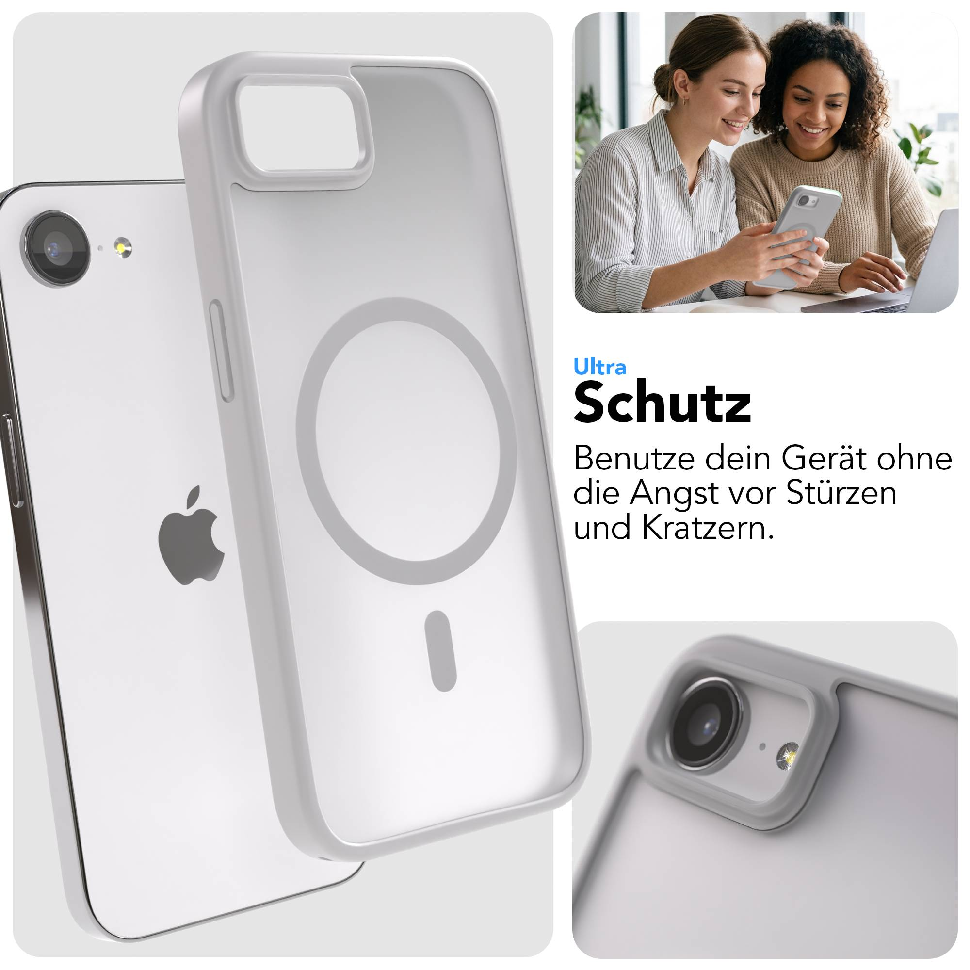 Ein weißes iPhone mit Hülle, Nahaufnahmen der Kamera und zwei Frauen