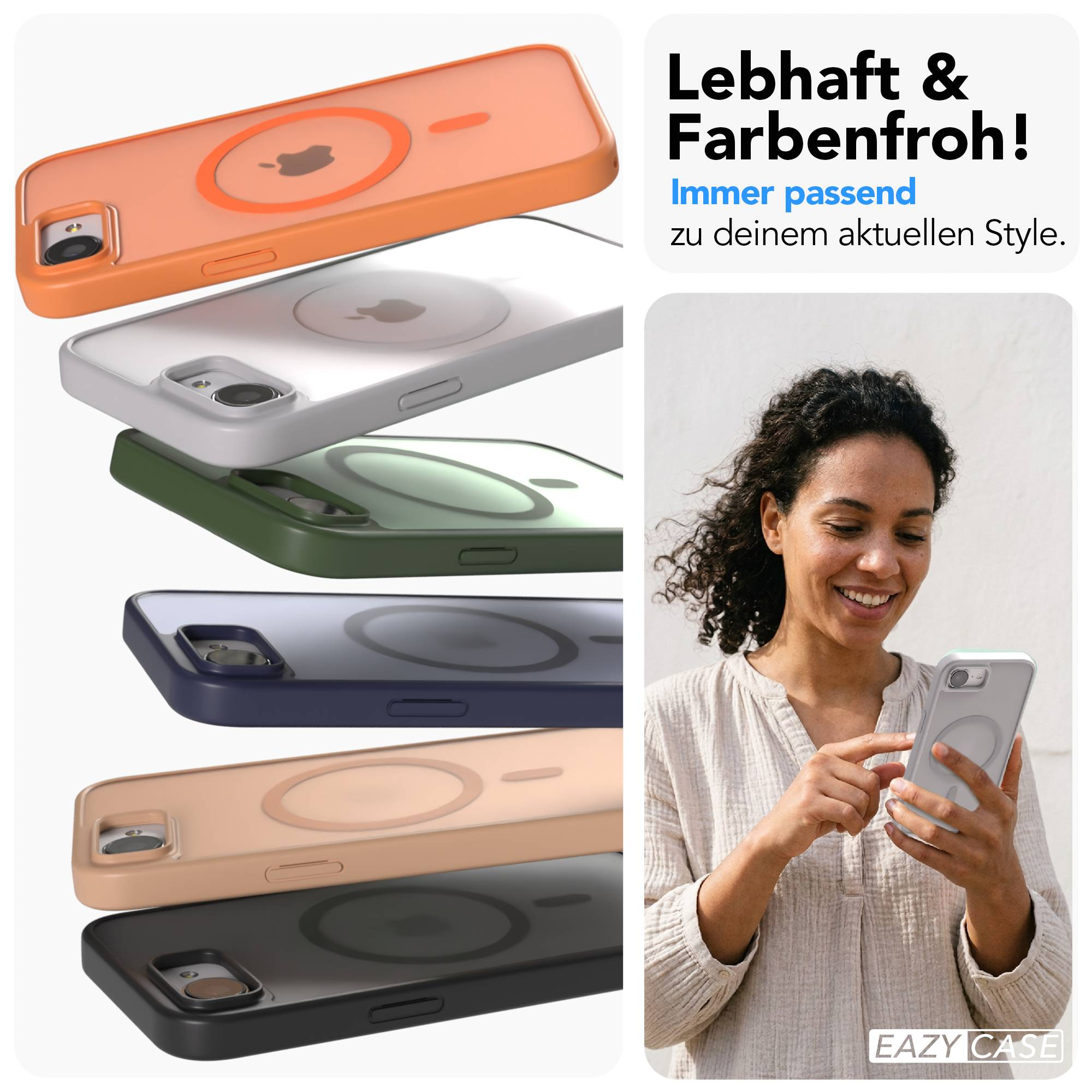 Mehrere iPhone-Hüllen in verschiedenen Farben gestapelt; Frau hält ein Handy.