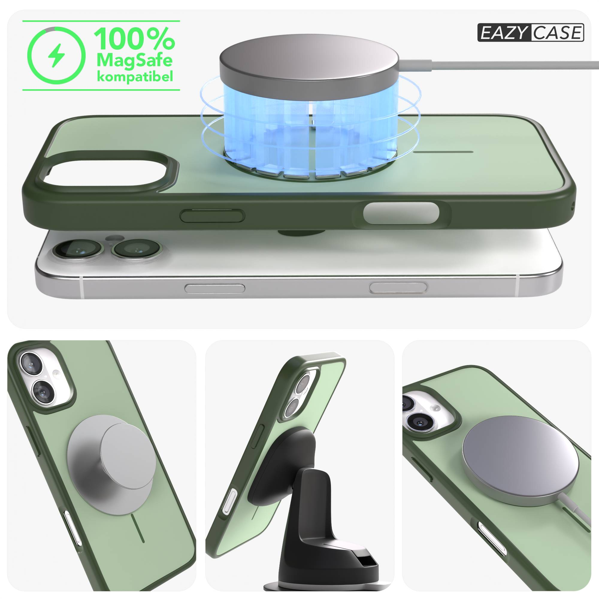 Grünes Handy mit MagSafe-Ladegerät und Halterung. Eazy Case Logo oben rechts.